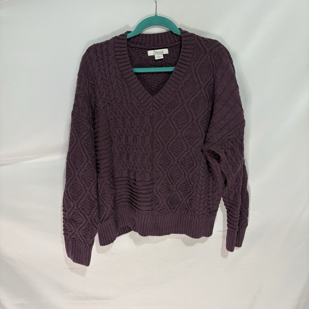 Natural Reflections Womens Purple Cable Knit V-Neck Pullover Sweater Large